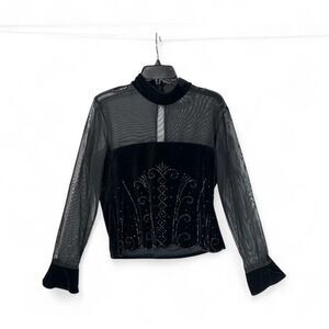JR Nites Velvet Mesh Rhinestone Goth Glam Sheer Sleeve Top Sz14 Evening Blouse